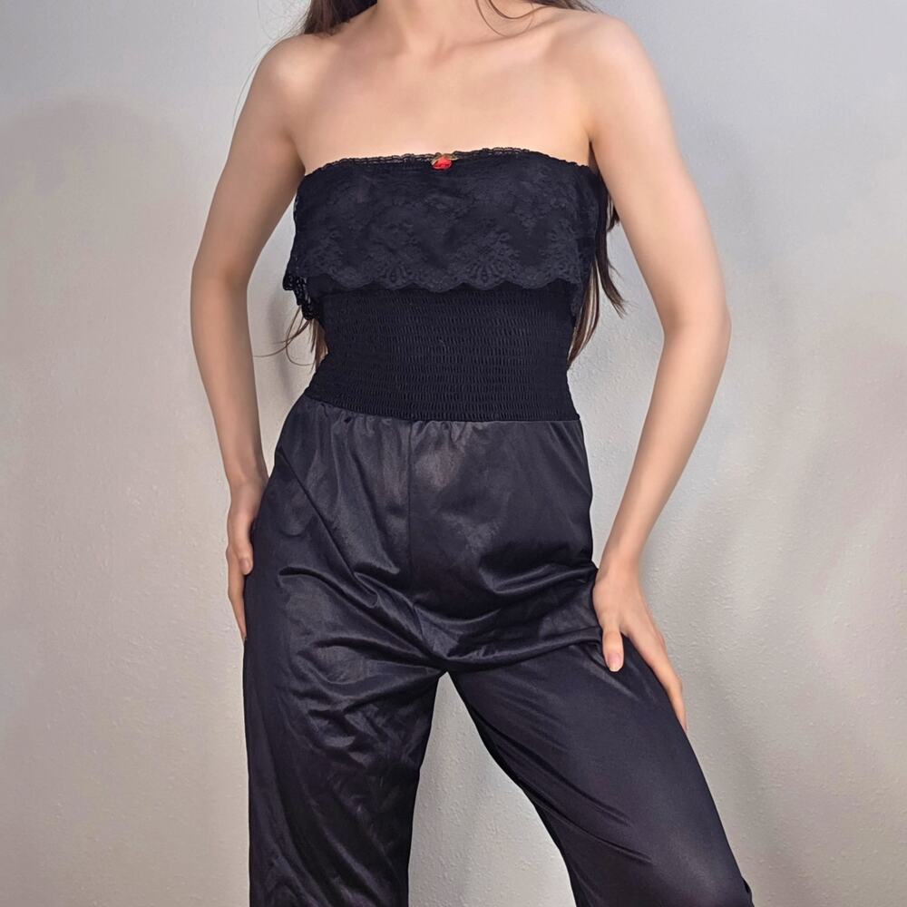 Vintage Strapless Lace Jumpsuit Sheeer lingerie Coquette Lounge Smocked Nylon